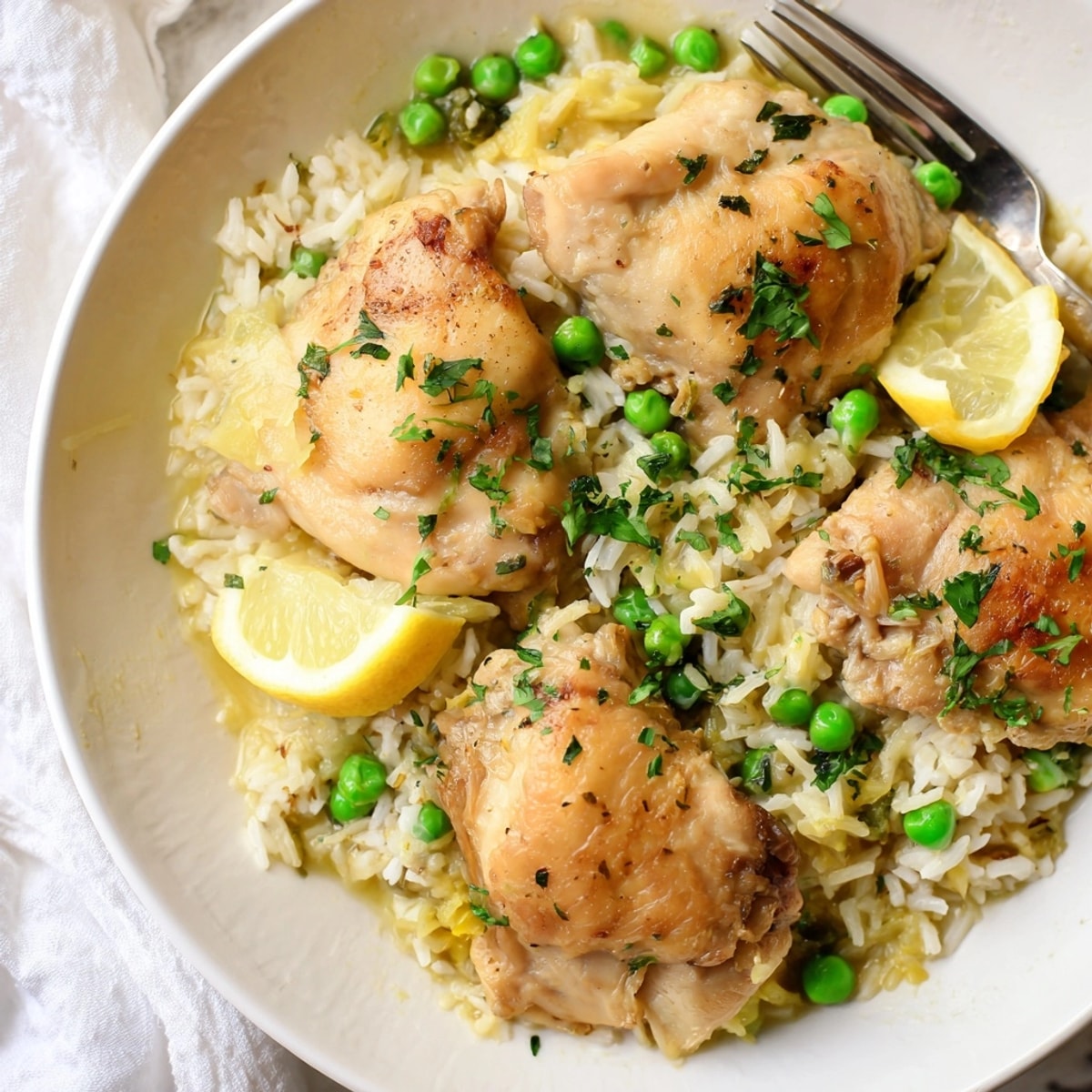 One-pot creamy lemon chicken and rice with golden chicken, bright peas, and fresh parsley garnish.