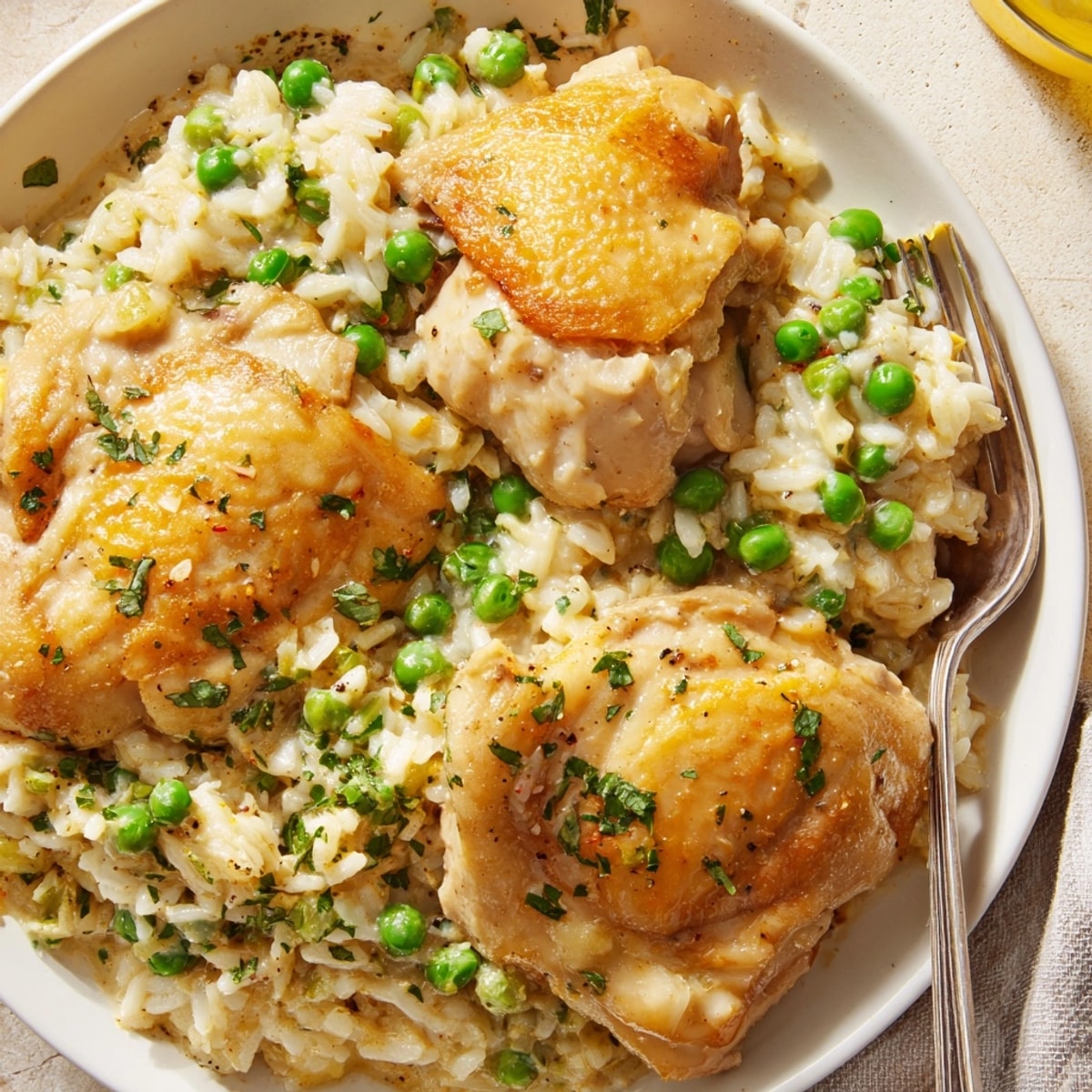 Creamy lemon chicken and rice simmered together, served hot in a rustic white skillet.