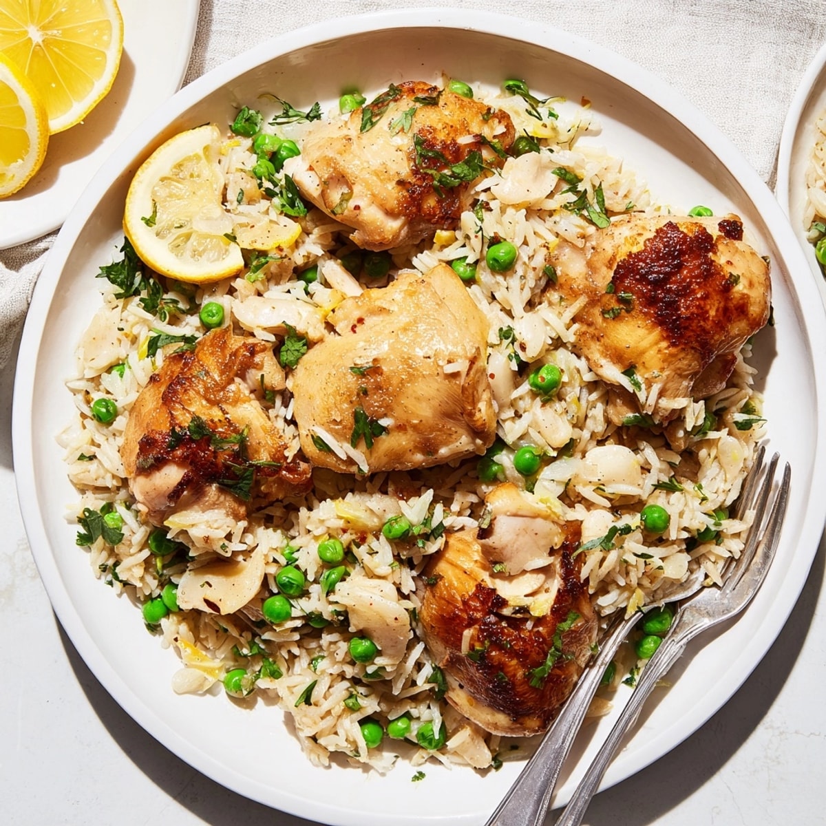 One-pot creamy lemon chicken and rice with zesty sauce, fluffy rice, and vibrant green peas.