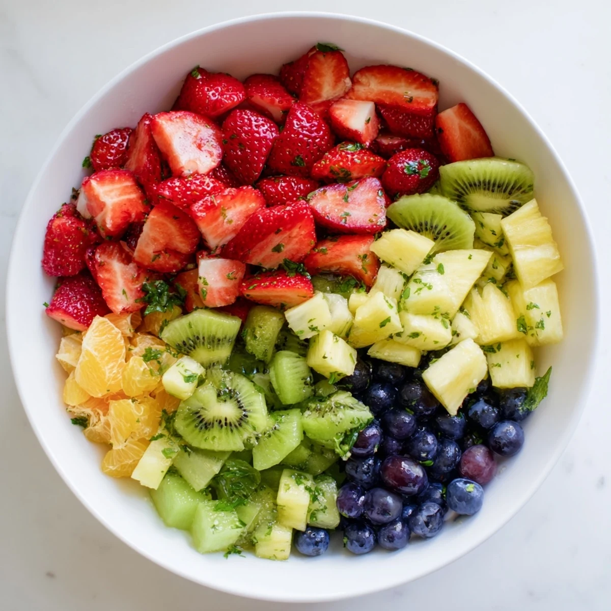 Vibrant, colorful Refreshing Fruit Salad featuring juicy strawberries and a sweet honey-lime glaze.