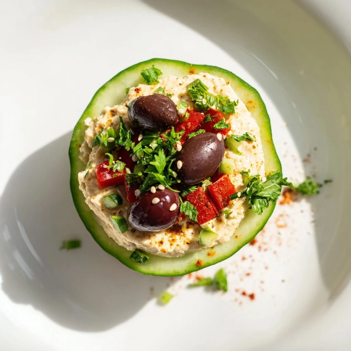 Fresh Quick Hummus and Cucumber Bites, a vibrant appetizer with creamy hummus and colorful garnishes.