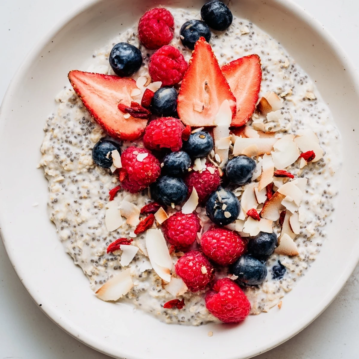 Creamy overnight oats with berries and chia seeds, a refreshing breakfast, ready to eat!