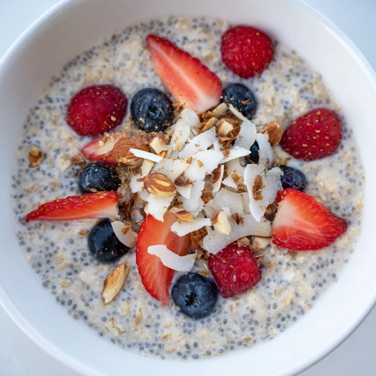 Colorful close-up of overnight oats with berries and chia seeds, perfect for a quick, healthy meal.