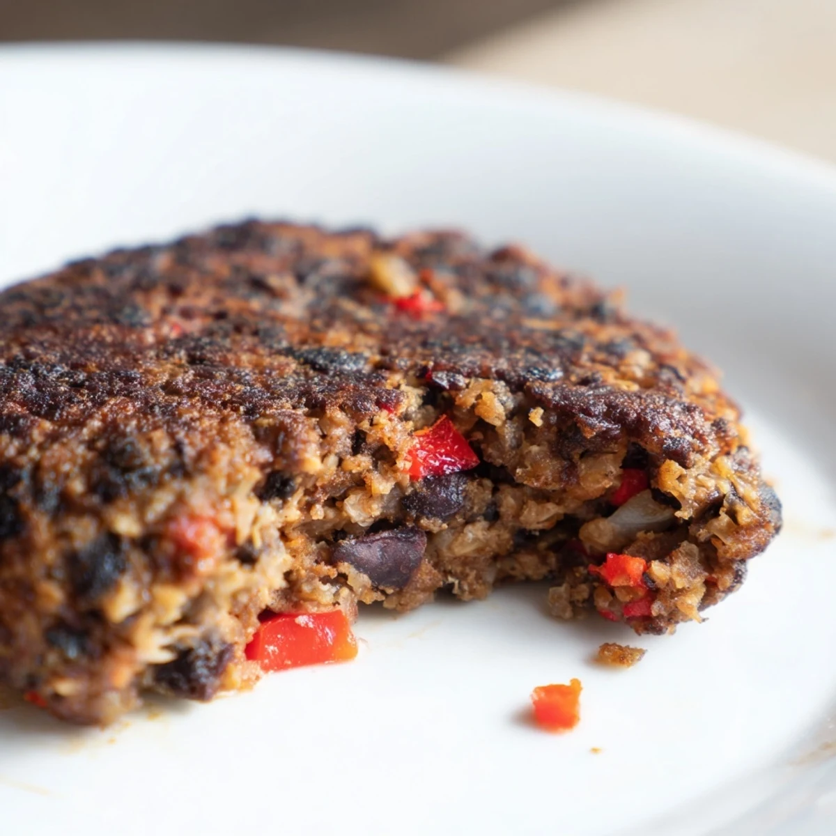 A close-up shot of perfectly formed, sizzling vegetarian black bean burgers in a hot pan.