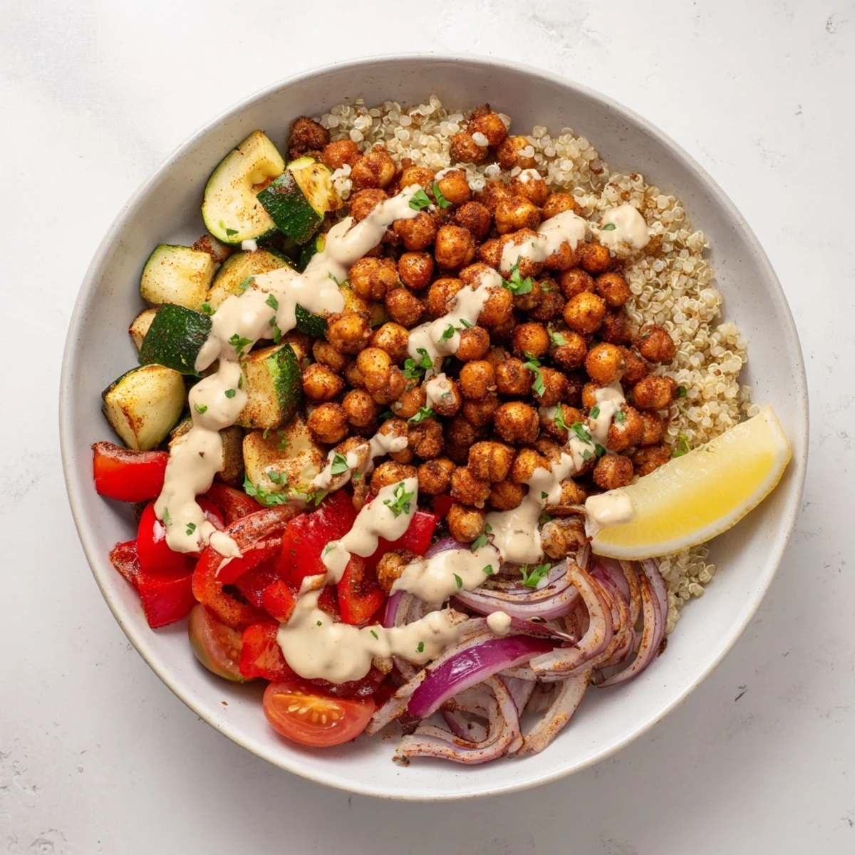 Mediterranean Chickpea and Veggie Grain Bowl featuring colorful roasted vegetables and creamy lemon tahini.