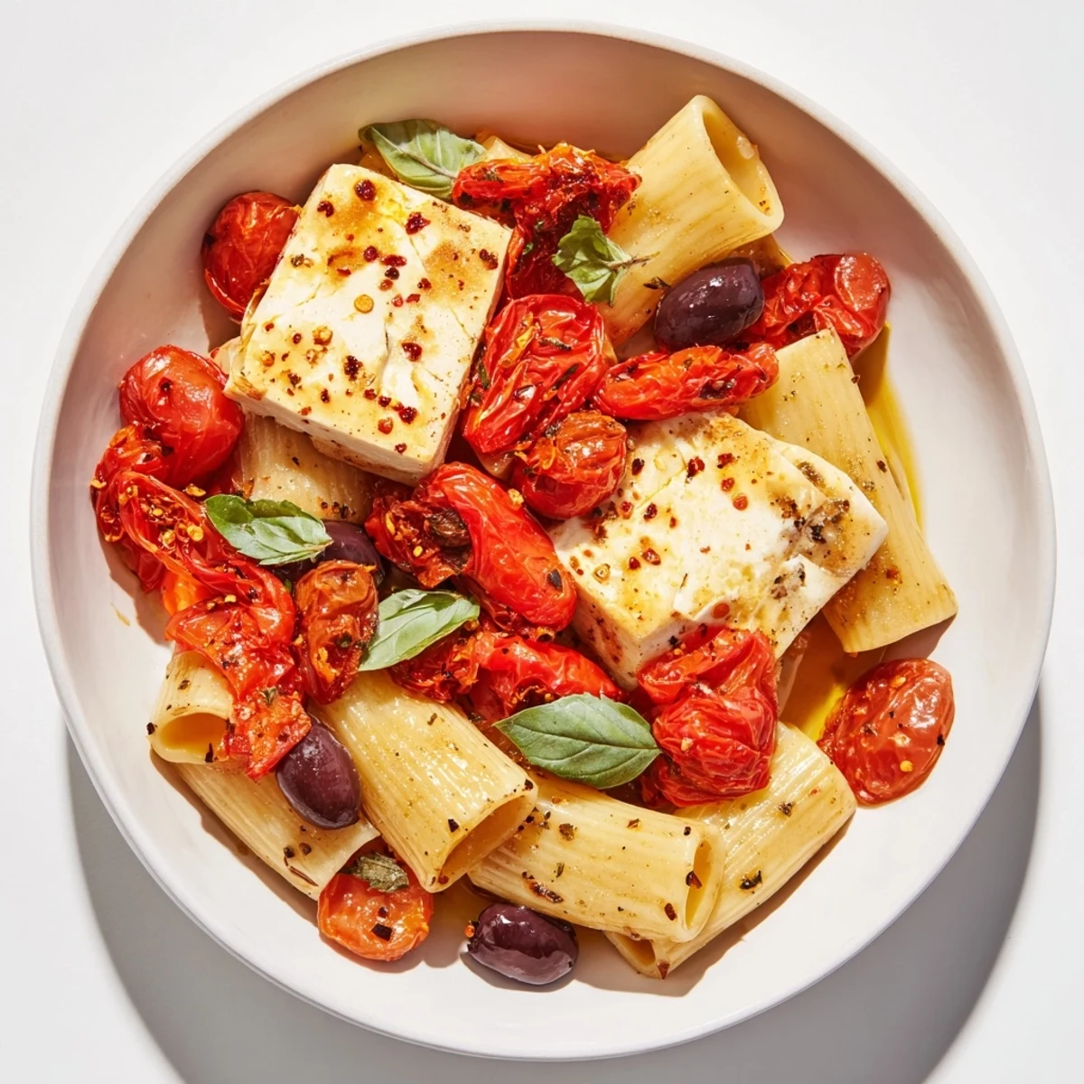 Creamy baked feta pasta with burst cherry tomatoes, olives, and fresh basil, a vivid delight.