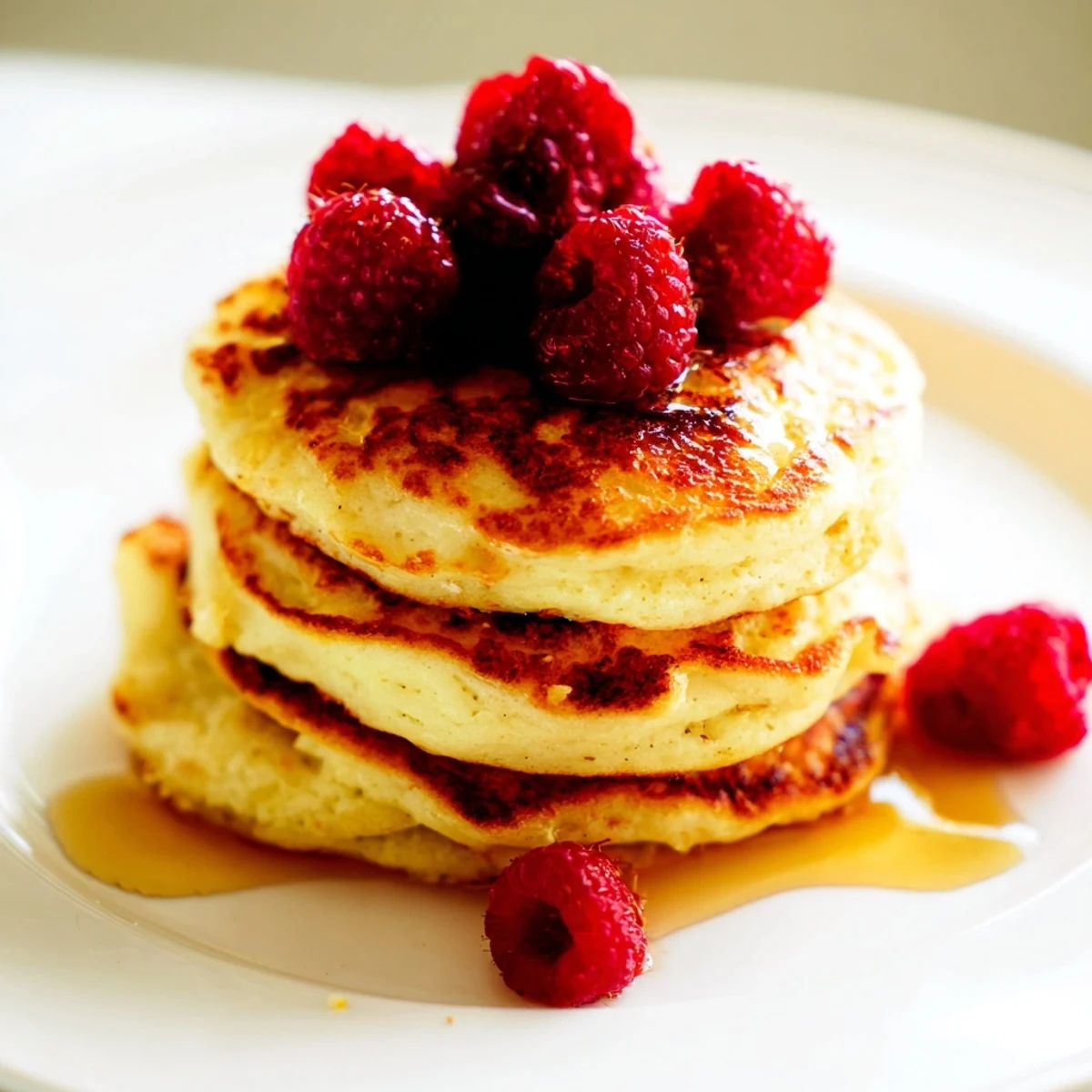Golden and fluffy ricotta pancakes topped with fresh berries, ready for a delicious brunch.