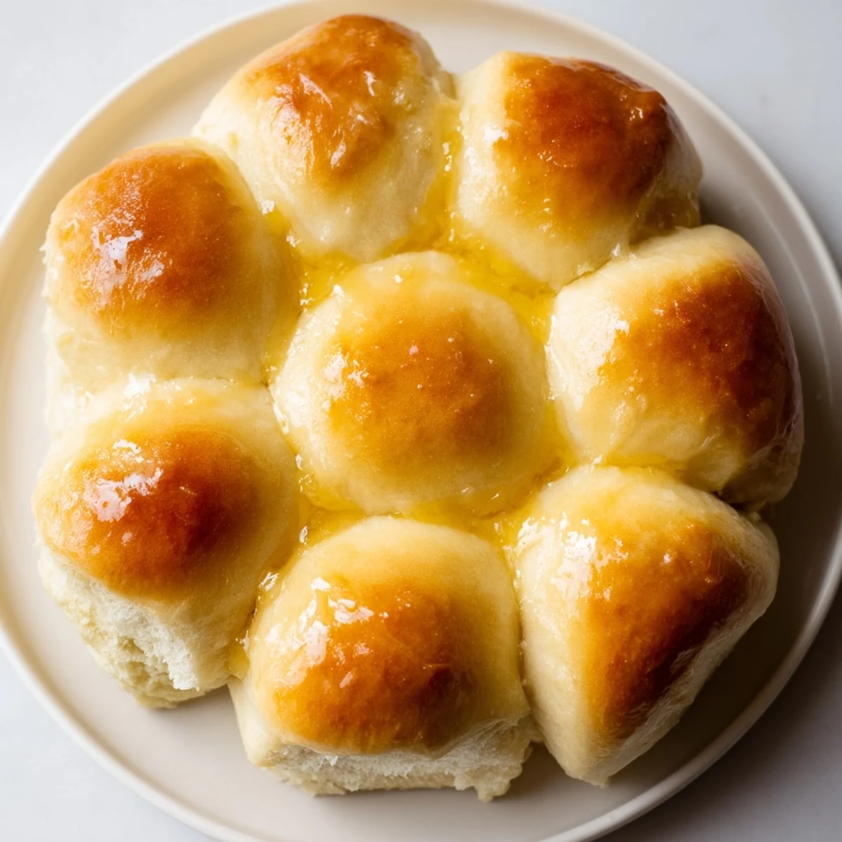 Golden Homemade Dinner Rolls, freshly baked and brushed with butter, ready to serve with warmth.