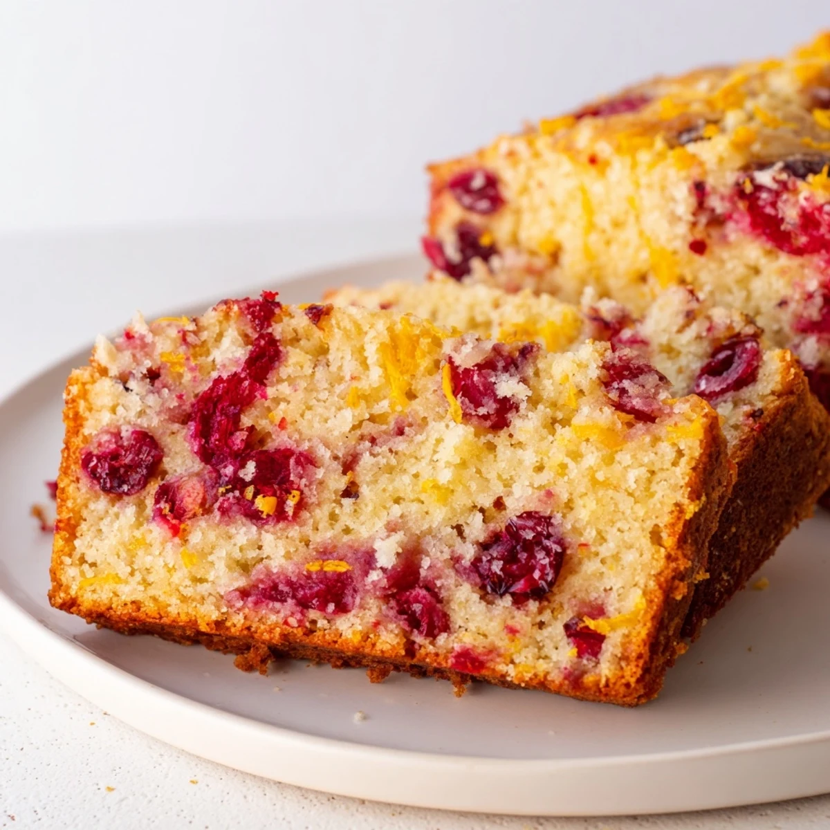Golden-brown slice of Seasonal Cranberry and Orange Bread, showcasing tart cranberries inside.