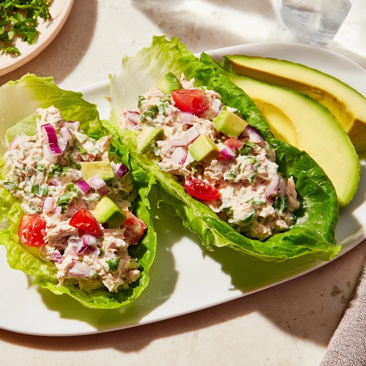 Fresh Quick & Healthy Tuna Salad Lettuce Wraps filled into bright green romaine, topped with sliced avocado.