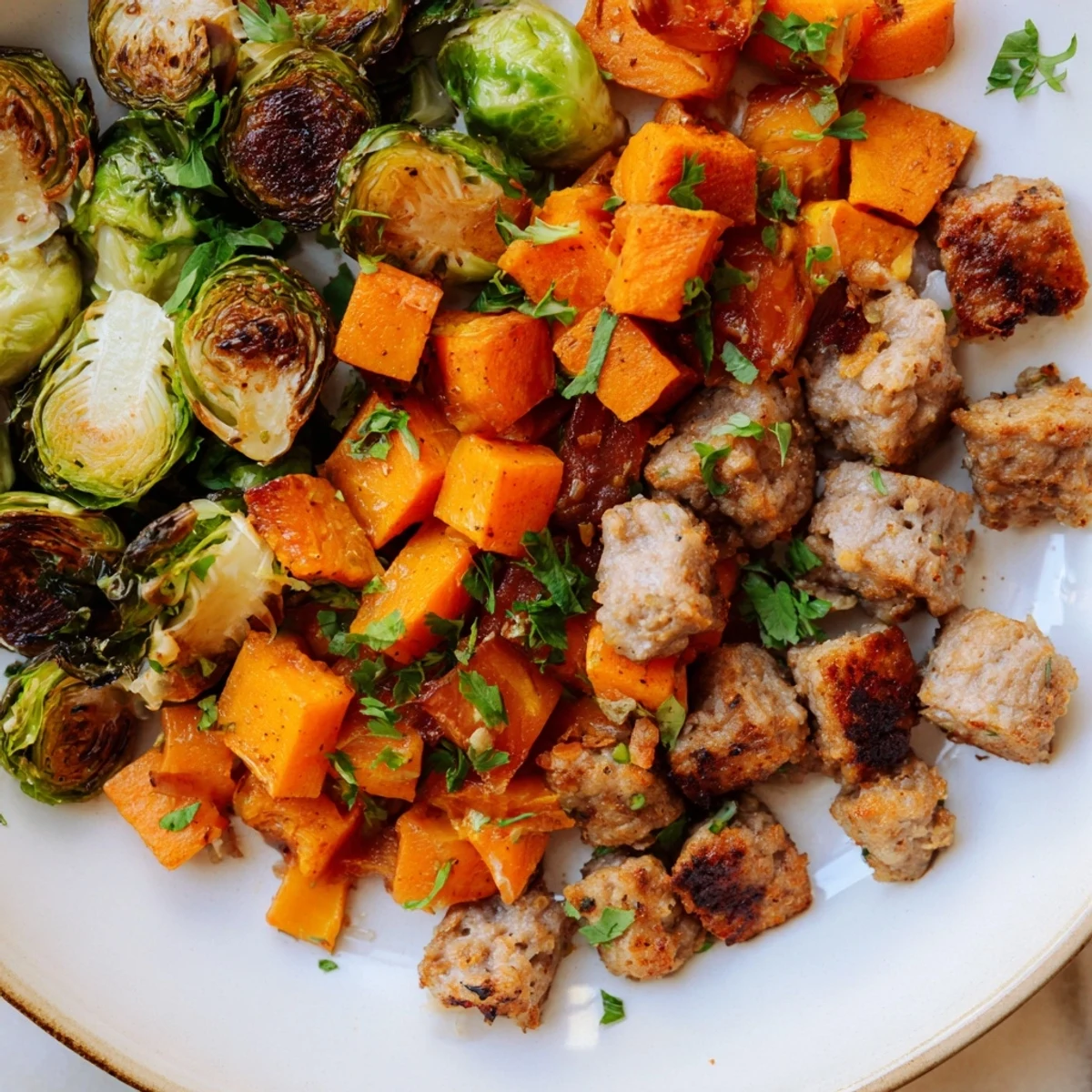 Golden-brown Sheet Pan Sausage, Sweet Potato, and Brussels Sprouts, ready for a delicious, healthy dinner.