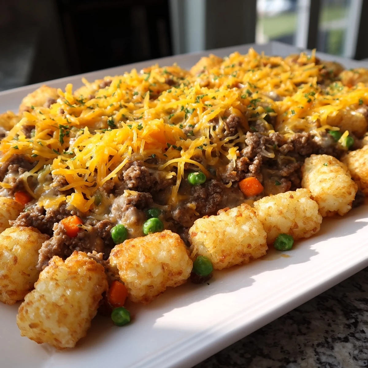 Golden, bubbly tater tots top this satisfying Family Favorite Tater Tot Casserole with melted cheese.