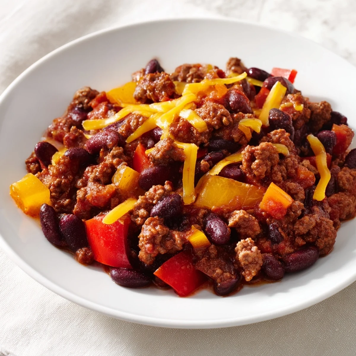 Delicious, steaming bowl of simple weeknight chili, garnished with fresh cilantro and cheese.