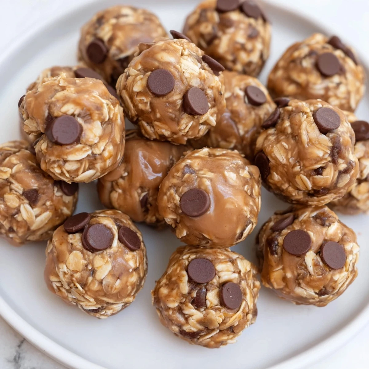No-Bake Peanut Butter Energy Balls, studded with chocolate chips, ready to fuel your afternoon.