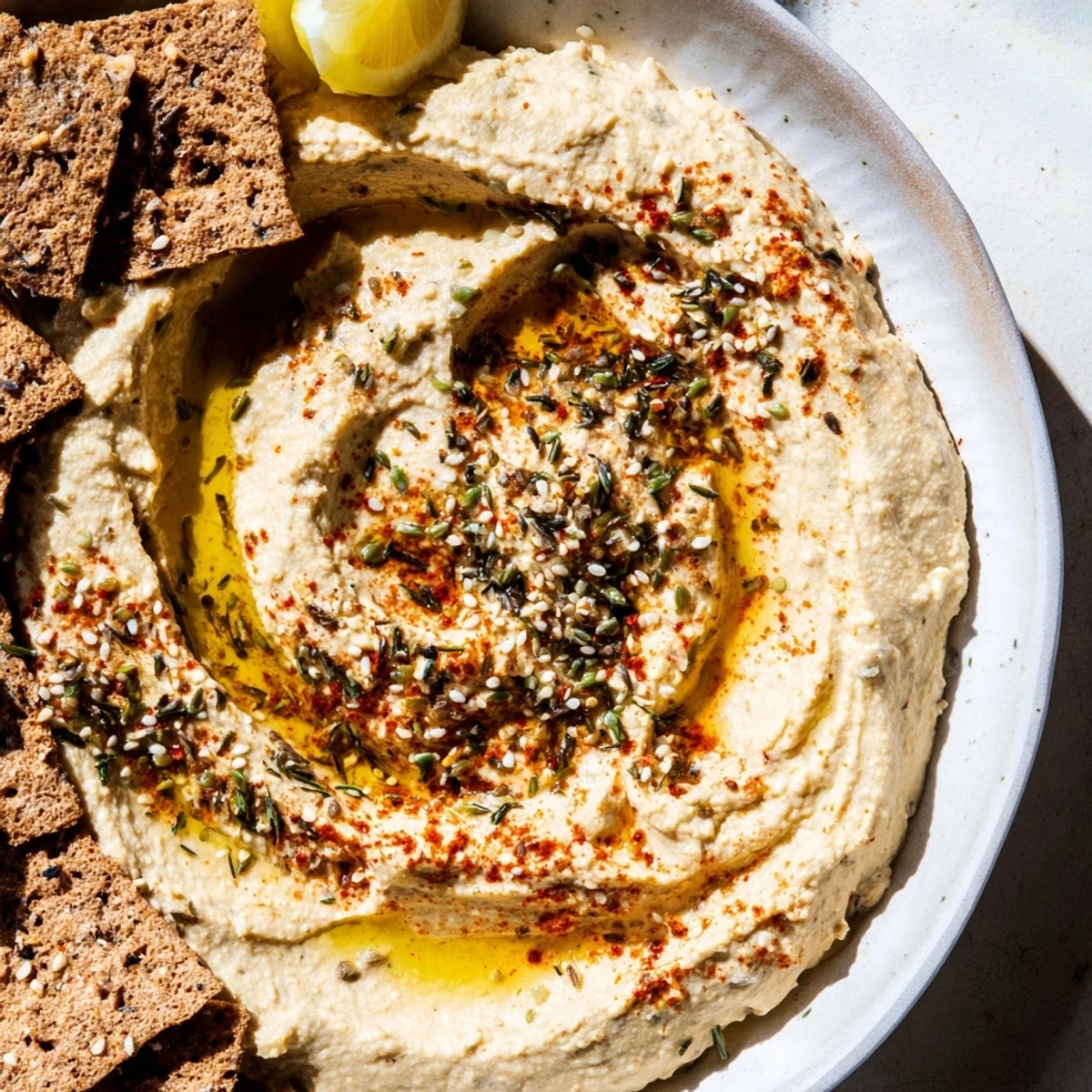 Text: A layered view of the Sandstone Canyon appetizer, showcasing creamy hummus and crisp cracker "canyon walls".