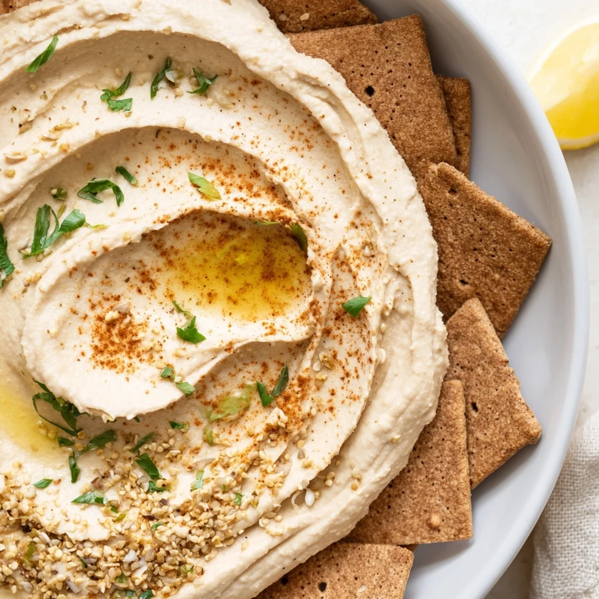 Text: The textured, layered Sandstone Canyon appetizer, ready to serve with lemon wedges, looks delicious and inviting.