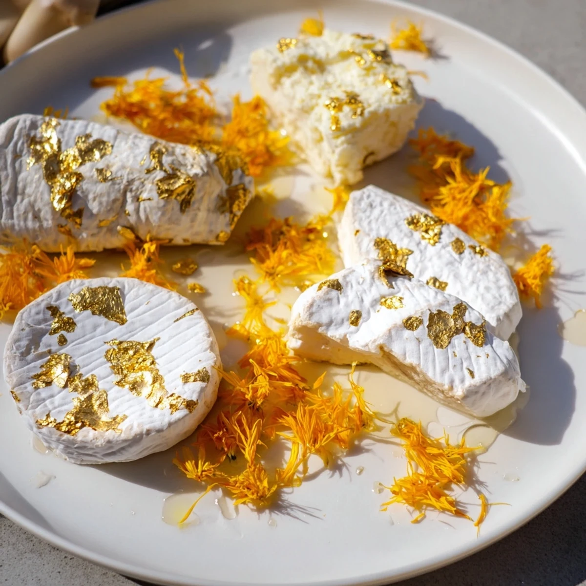 A beautiful Gilded Lily cheese platter, featuring golden accents and colorful flower petals.
