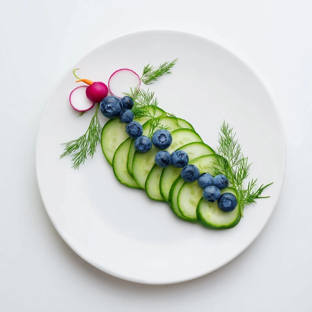 A vibrant Peacock Tail appetizer, boasting fresh cucumber and juicy grape arrangement with radish accents.