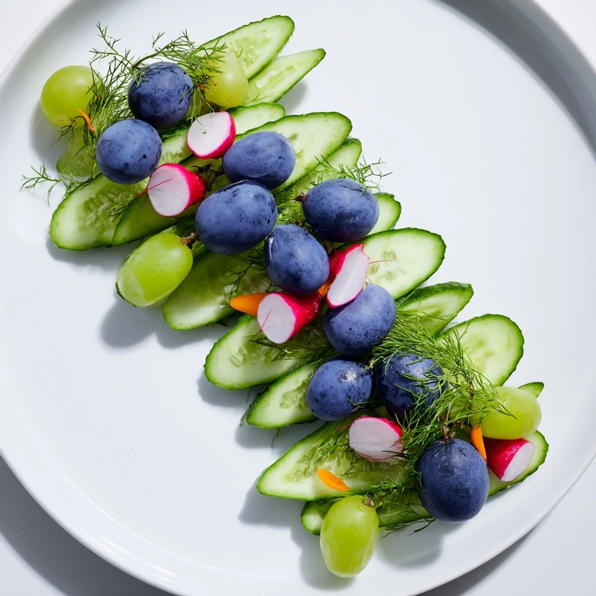 This visually appetizing Peacock Tail features crisp cucumber slices and grape clusters, ready to be enjoyed.