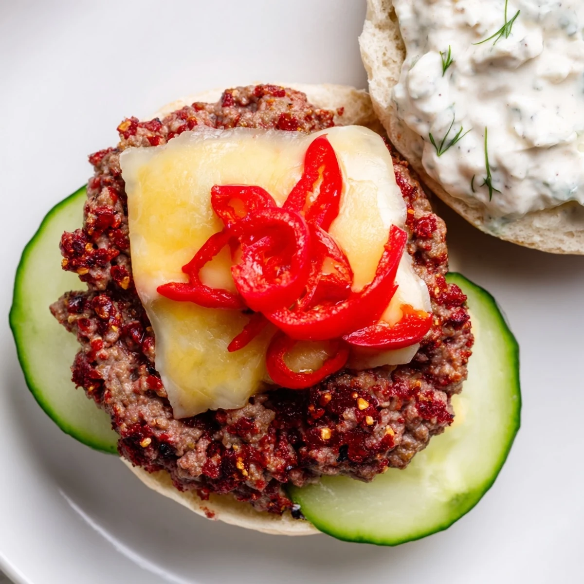 Juicy Fire & Ice Burger, topped with melted pepper-jack, red peppers and creamy yogurt sauce.