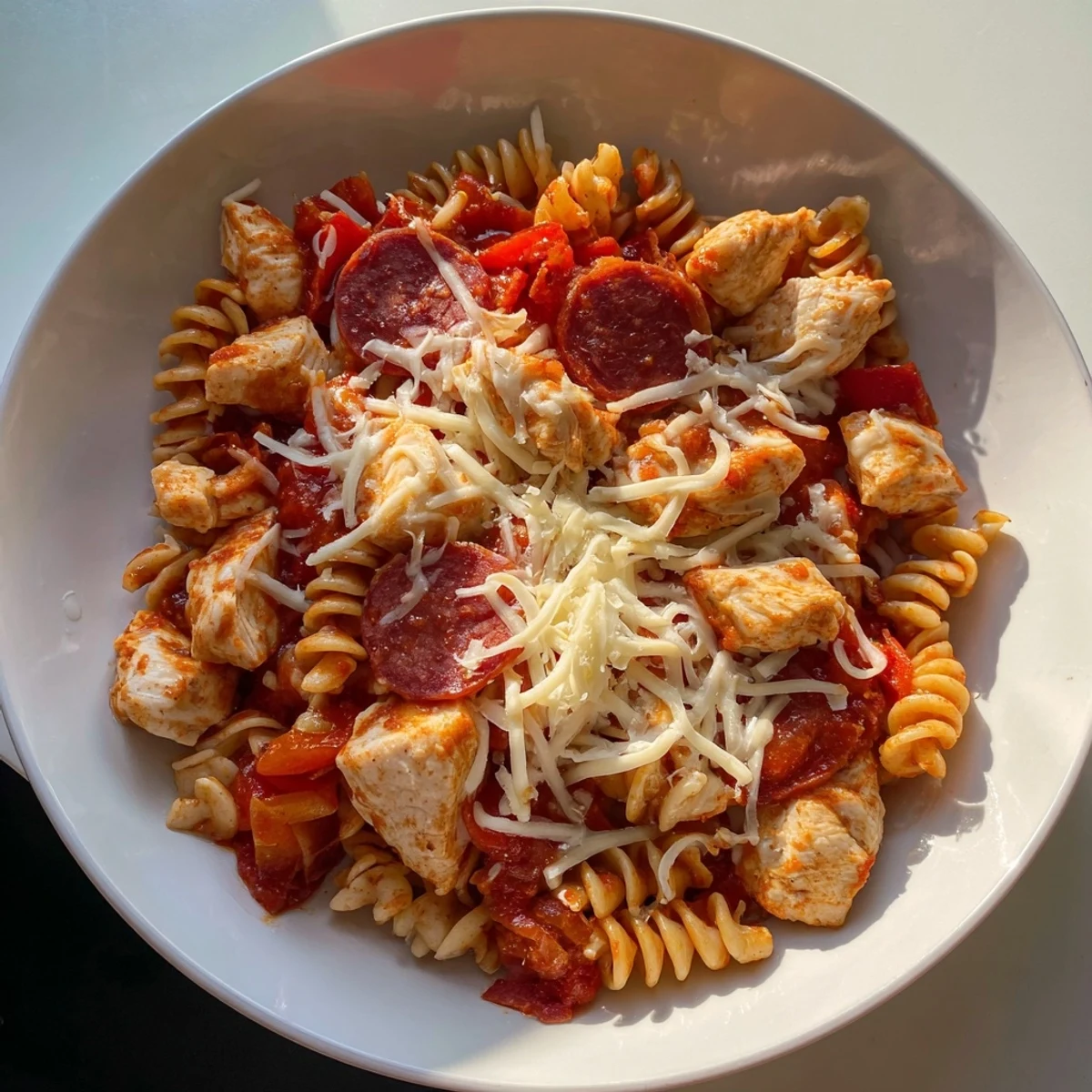 One-Pan Pizza Pasta loaded with melted mozzarella, pepperoni, and tender chicken in a skillet.