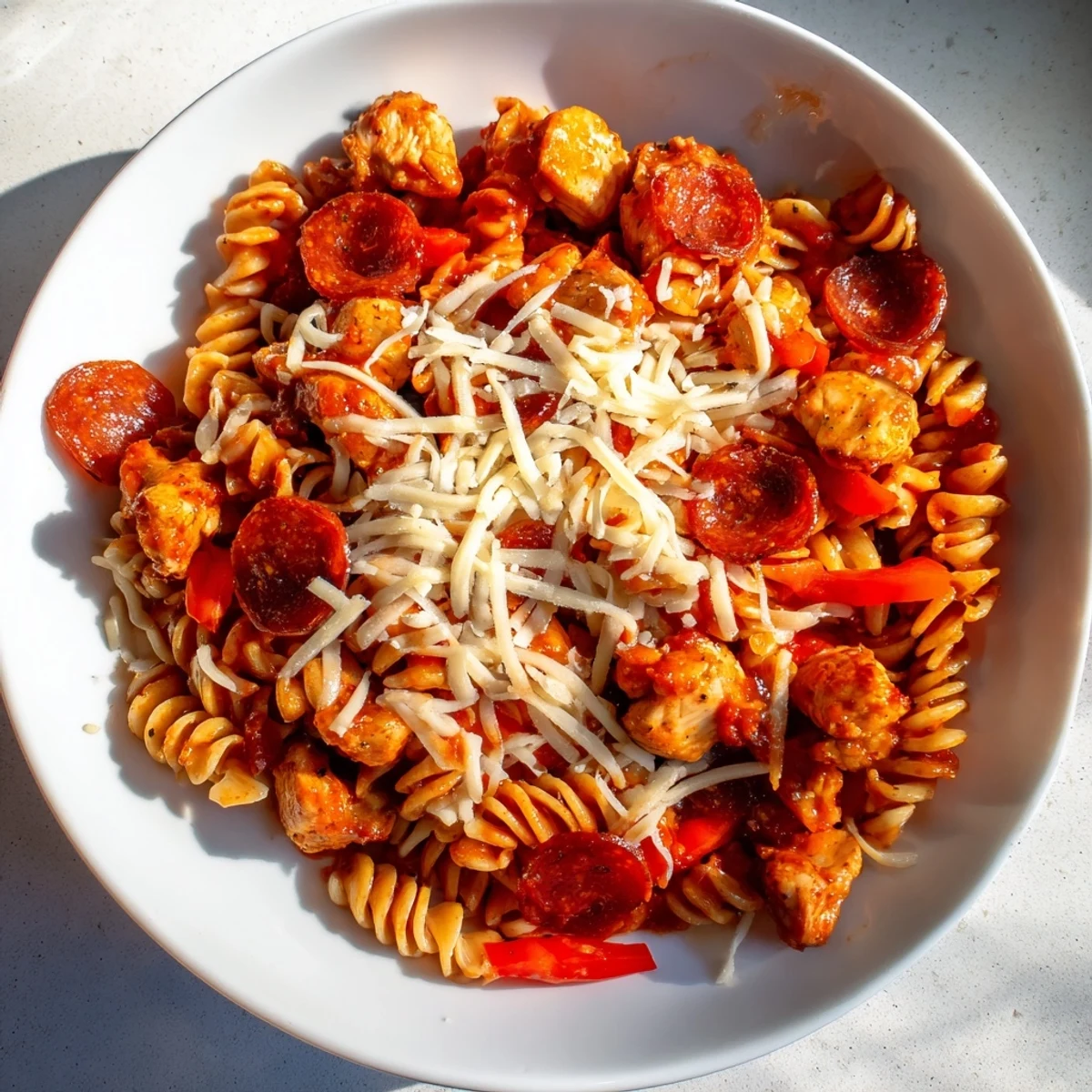 A close-up of cheesy One-Pan Pizza Pasta, the perfect quick and easy Italian dinner.