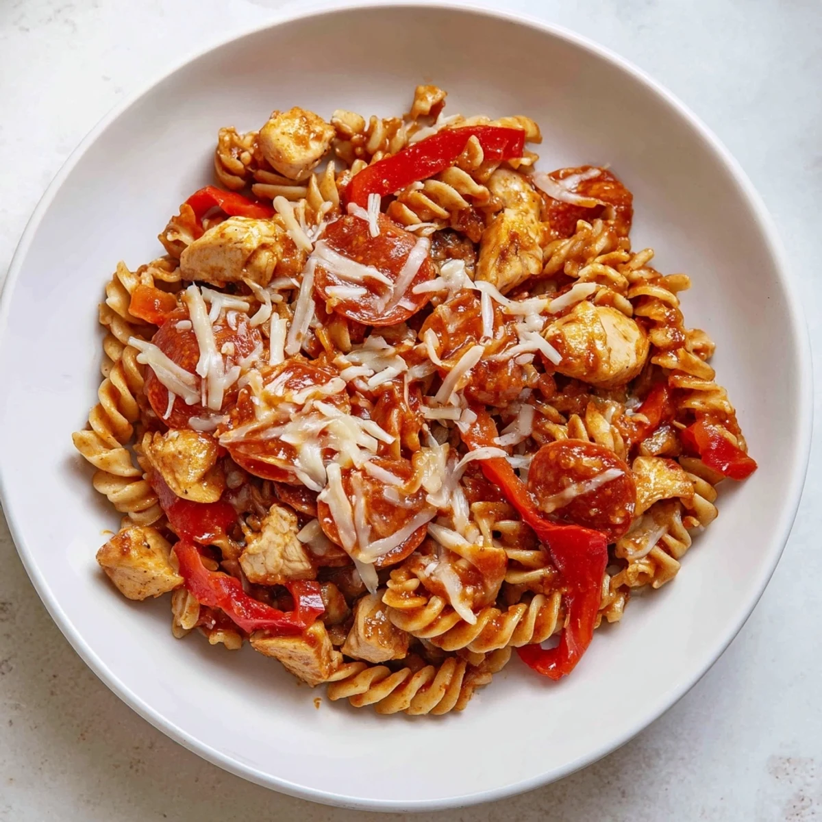 Savory One-Pan Pizza Pasta with al dente rotini and bubbling cheese, ready to serve.