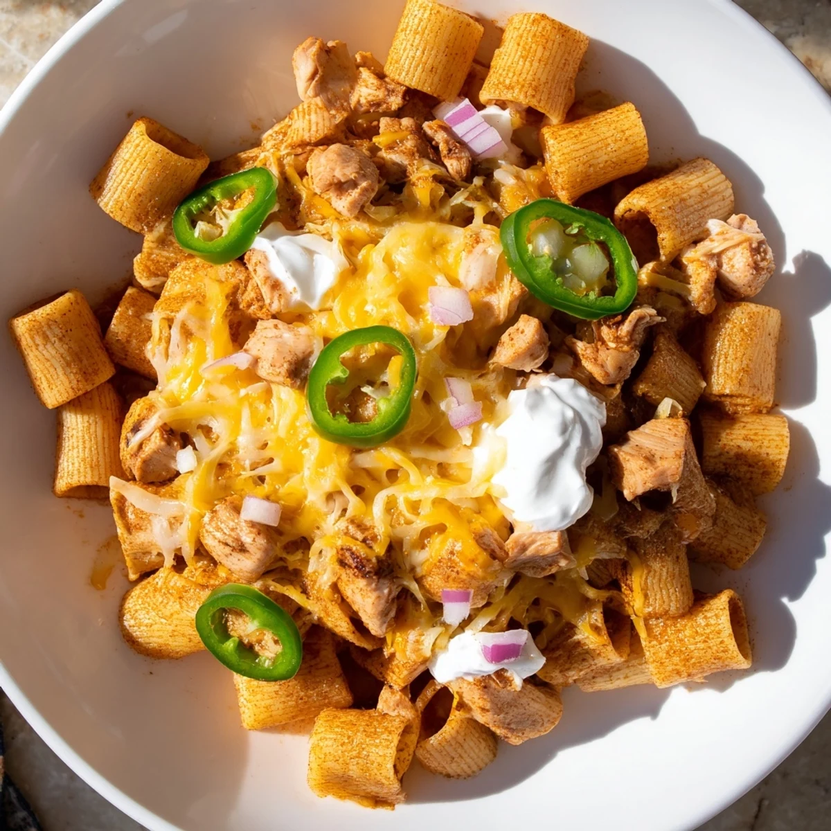 Golden, crispy Pasta Chip Nachos piled high with melted cheese and spicy jalapeños, ready to enjoy.