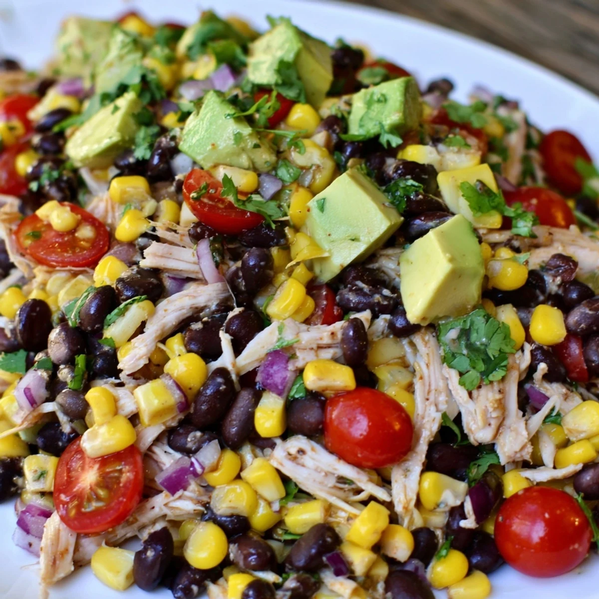 Close-up on a bowl of flavorful Dense Southwestern Bean Salad, perfect for a summer gathering.