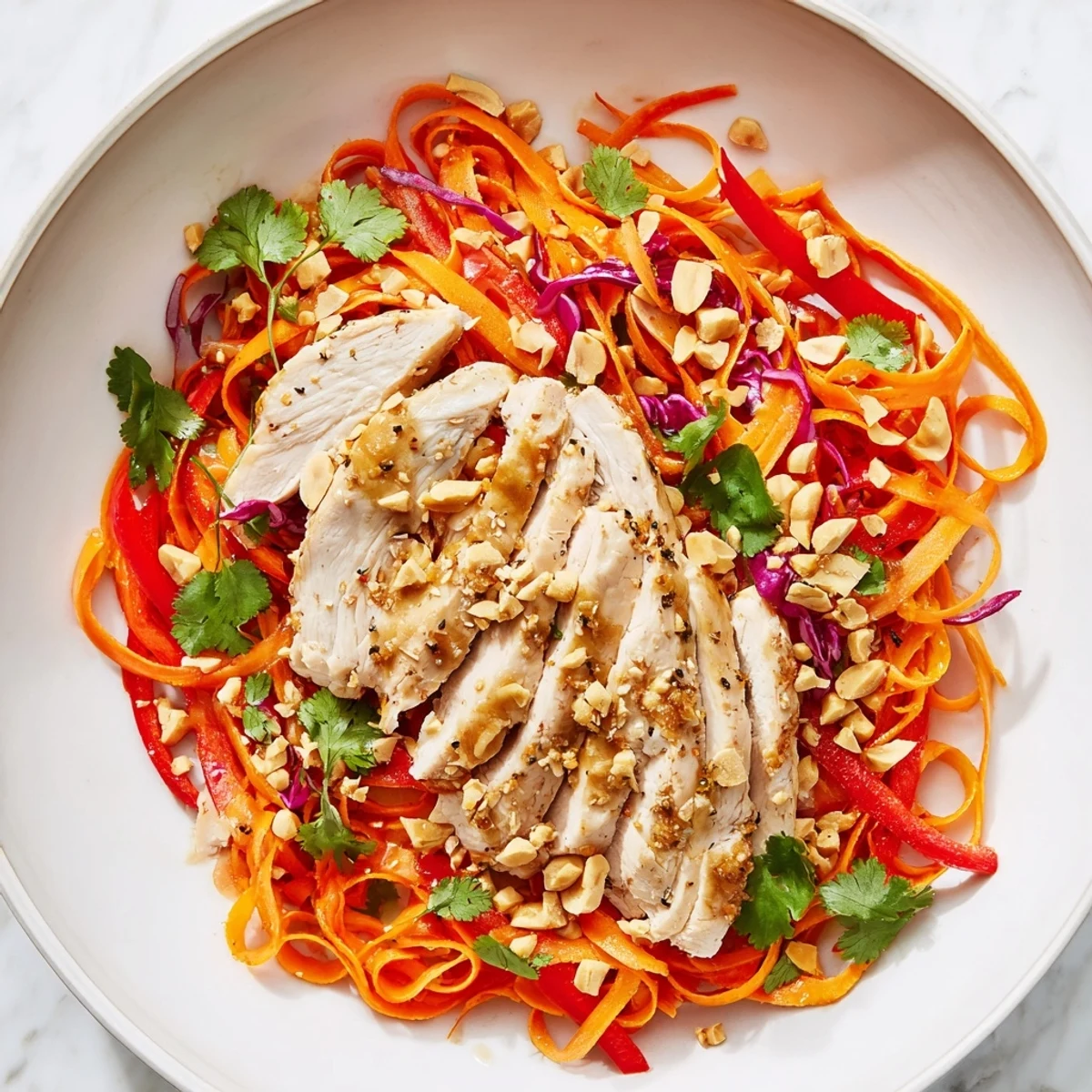 This plate of Carrot Ribbon and Chicken Slaw shows off tender chicken, vibrant carrots, and a tasty dressing.