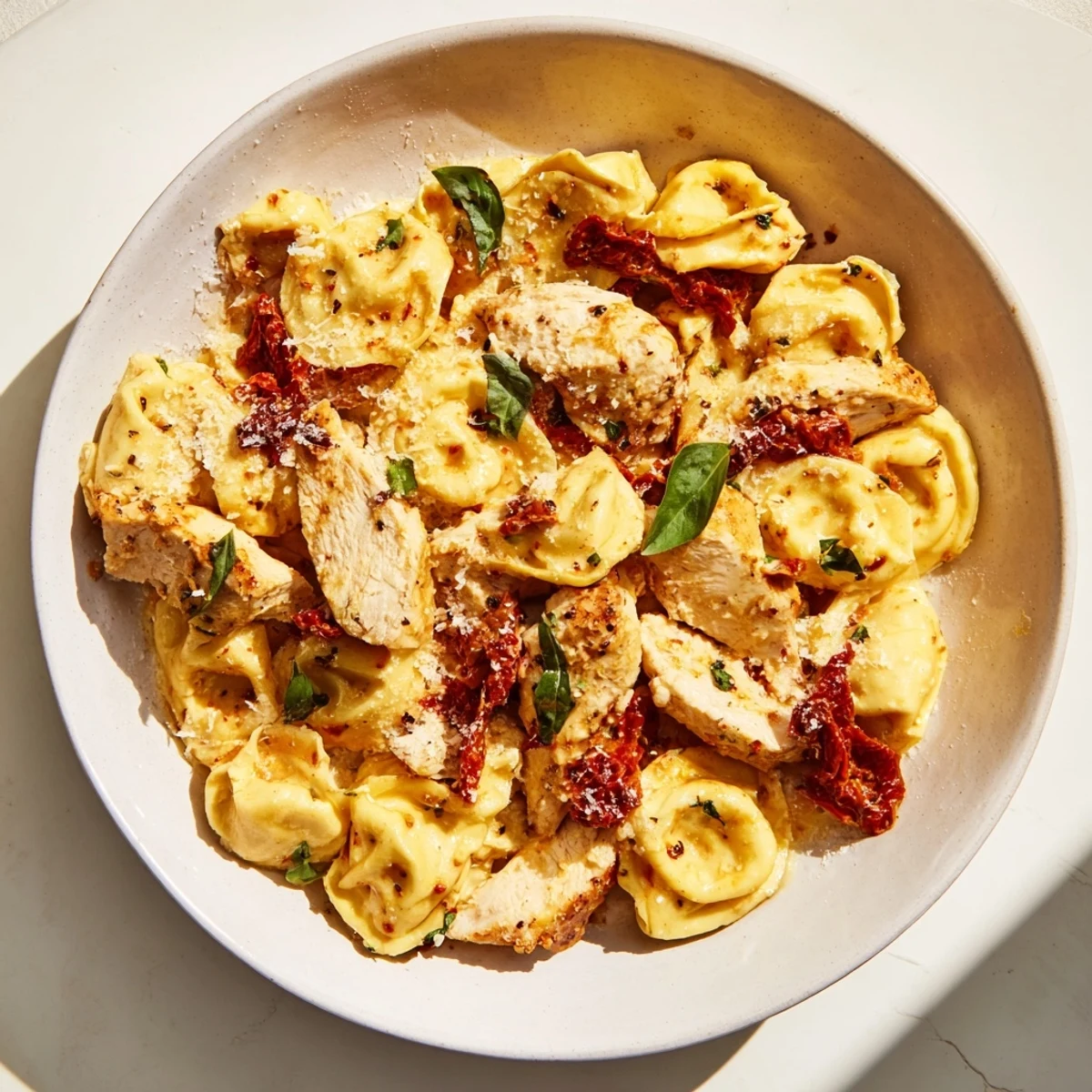 Creamy Marry Me Chicken Tortellini with tender, sliced chicken and fresh basil, ready to enjoy.