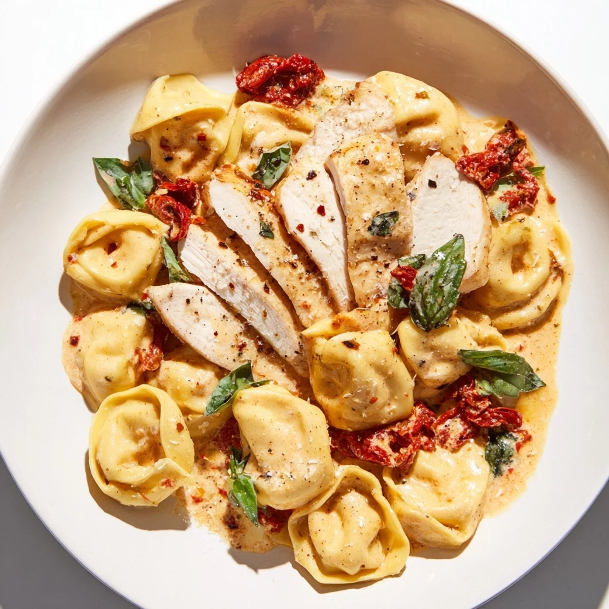 A steaming bowl of flavorful Marry Me Chicken Tortellini boasts a rich sun-dried tomato cream sauce.