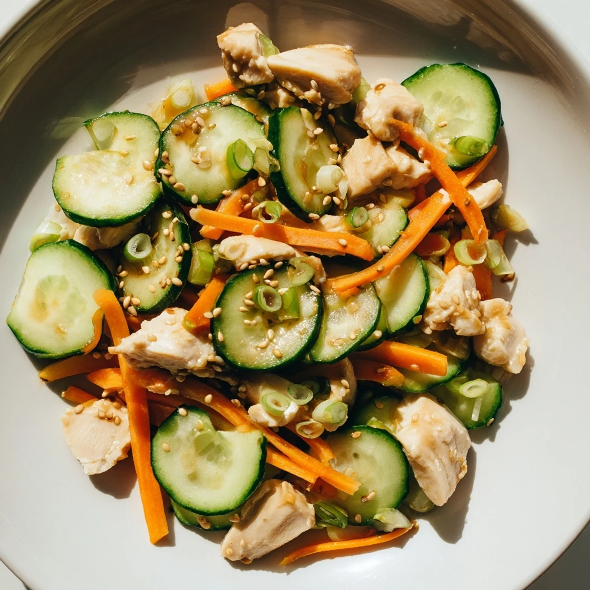 Enjoy the vibrant Deli Container Shaker Chicken Salad, tossed with sesame dressing, a colorful, easy meal.