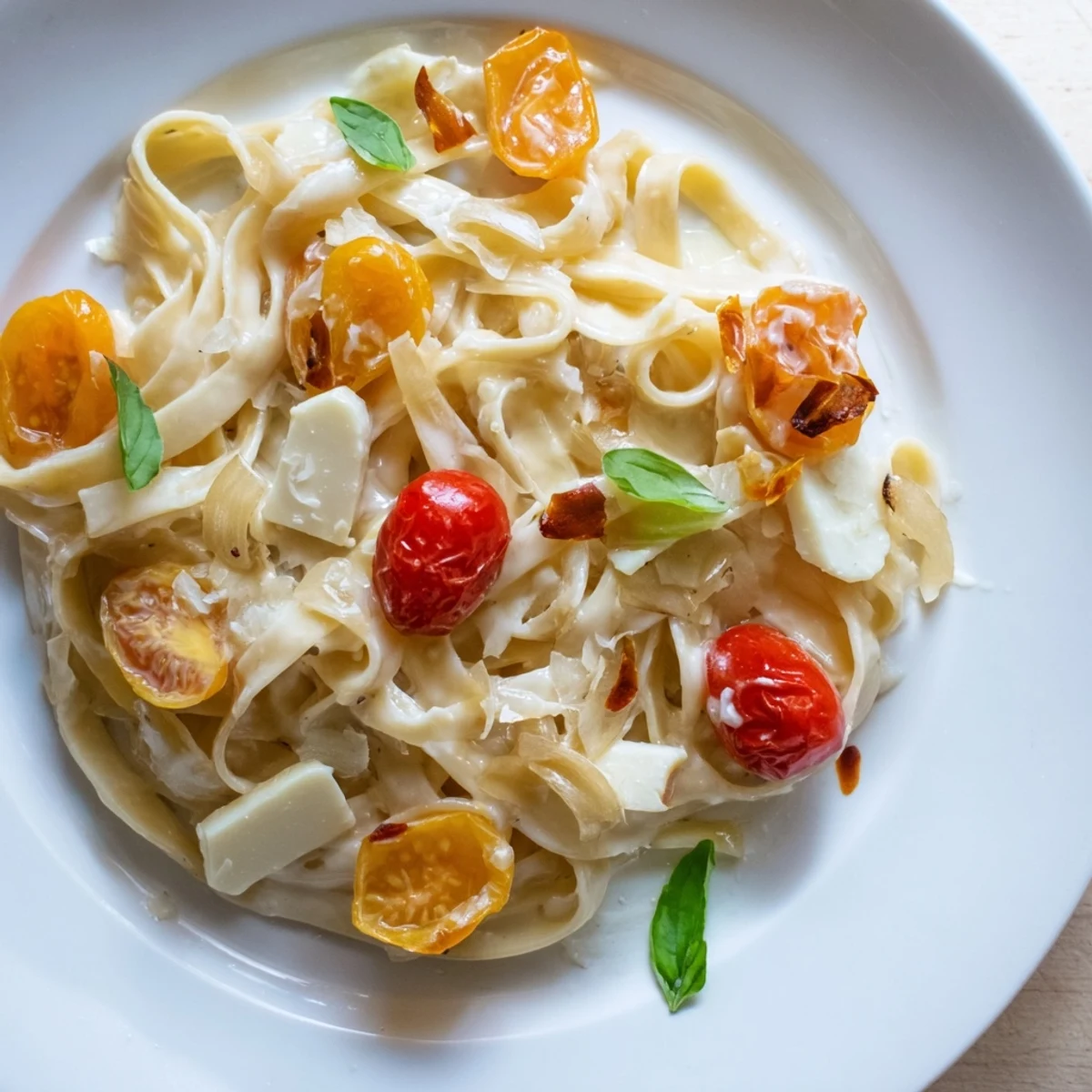 A close-up of a bubbling Baked Brie Pasta Sauce, showcasing the gooey cheese and fettuccine.