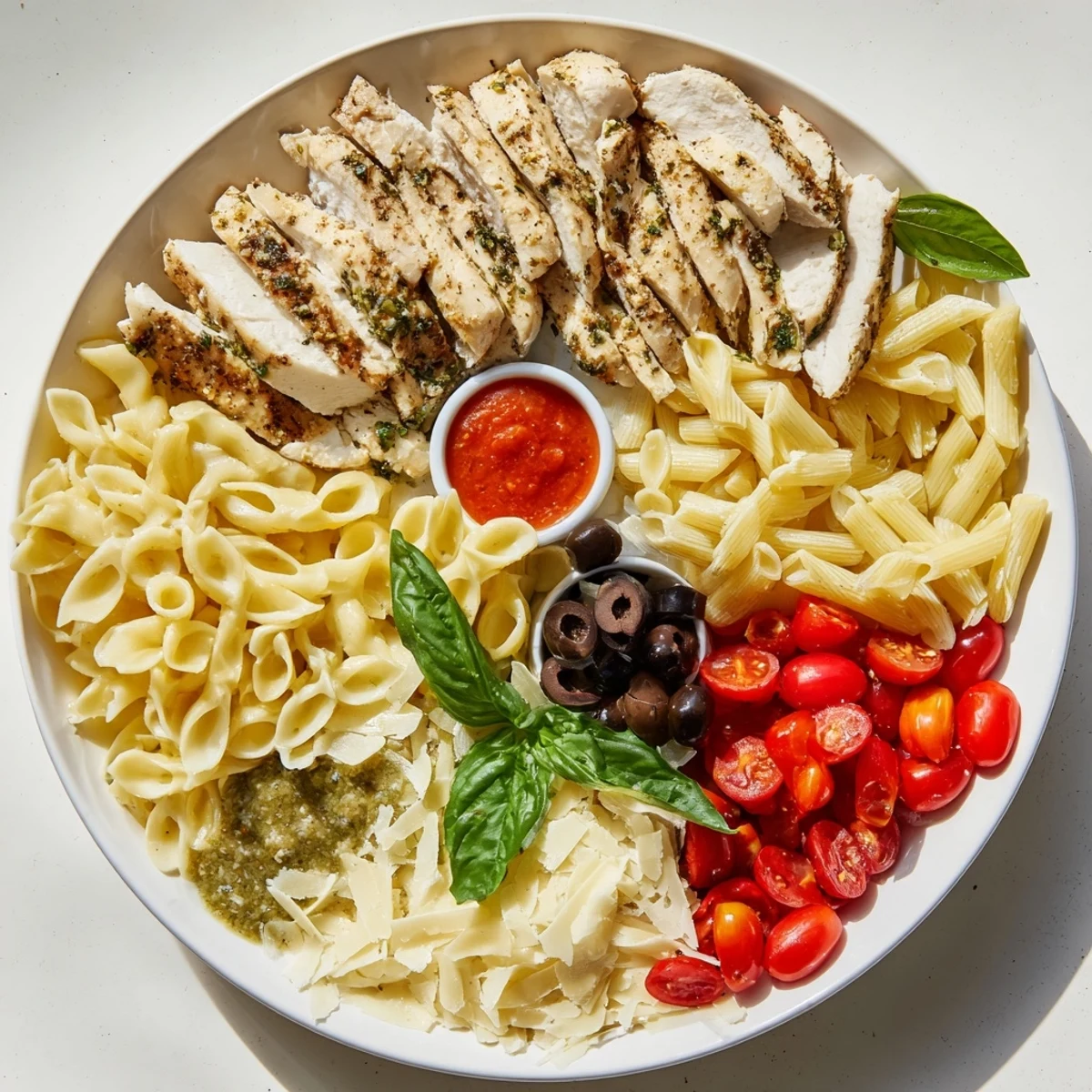 Delectable Girl Dinner Pasta Board featuring vibrant sauces and tender chicken, a fun and easy meal.