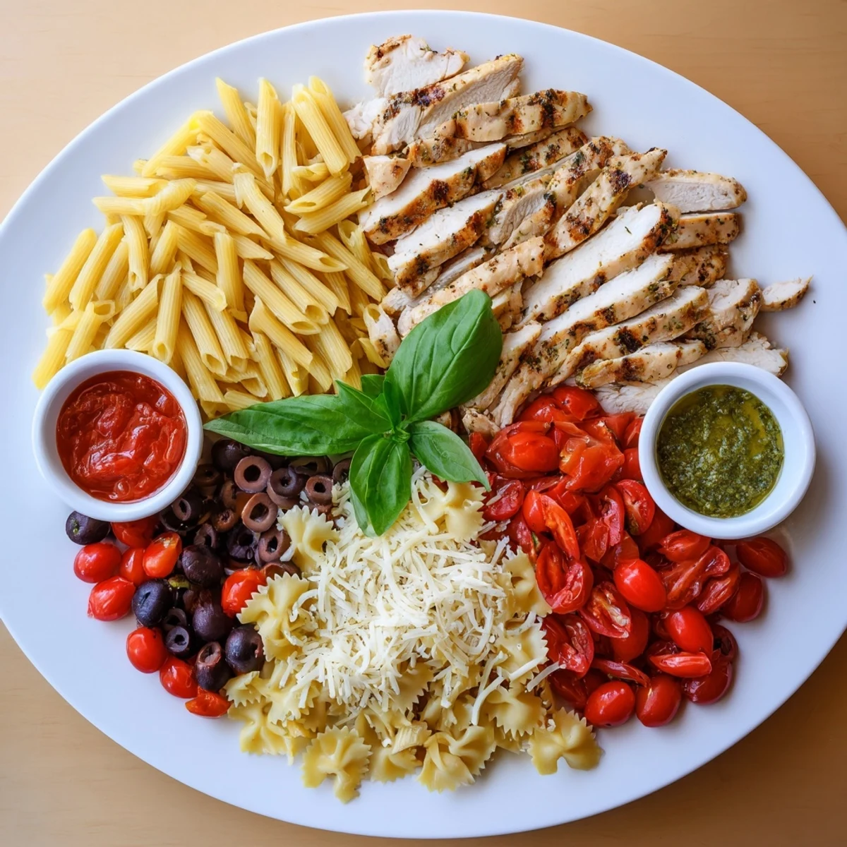Girl Dinner Pasta Board, a colorful pasta platter with grilled chicken and fresh basil garnishes.