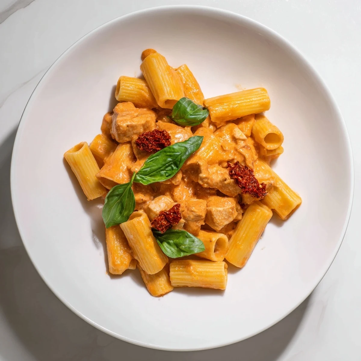 Creamy Spicy Vodka Chicken Pasta, topped with fresh basil and chili crisp, ready to eat.