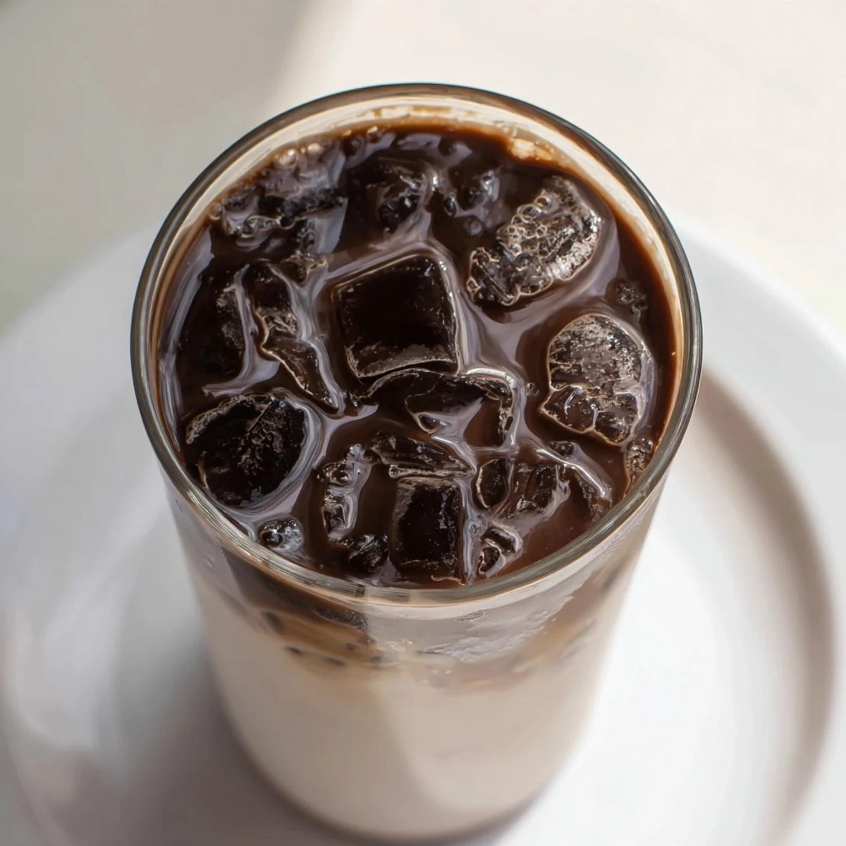 Rich, dark chocolate on top of a vibrant Chocolate Cracking Iced Latte, perfect for a sunny afternoon treat.