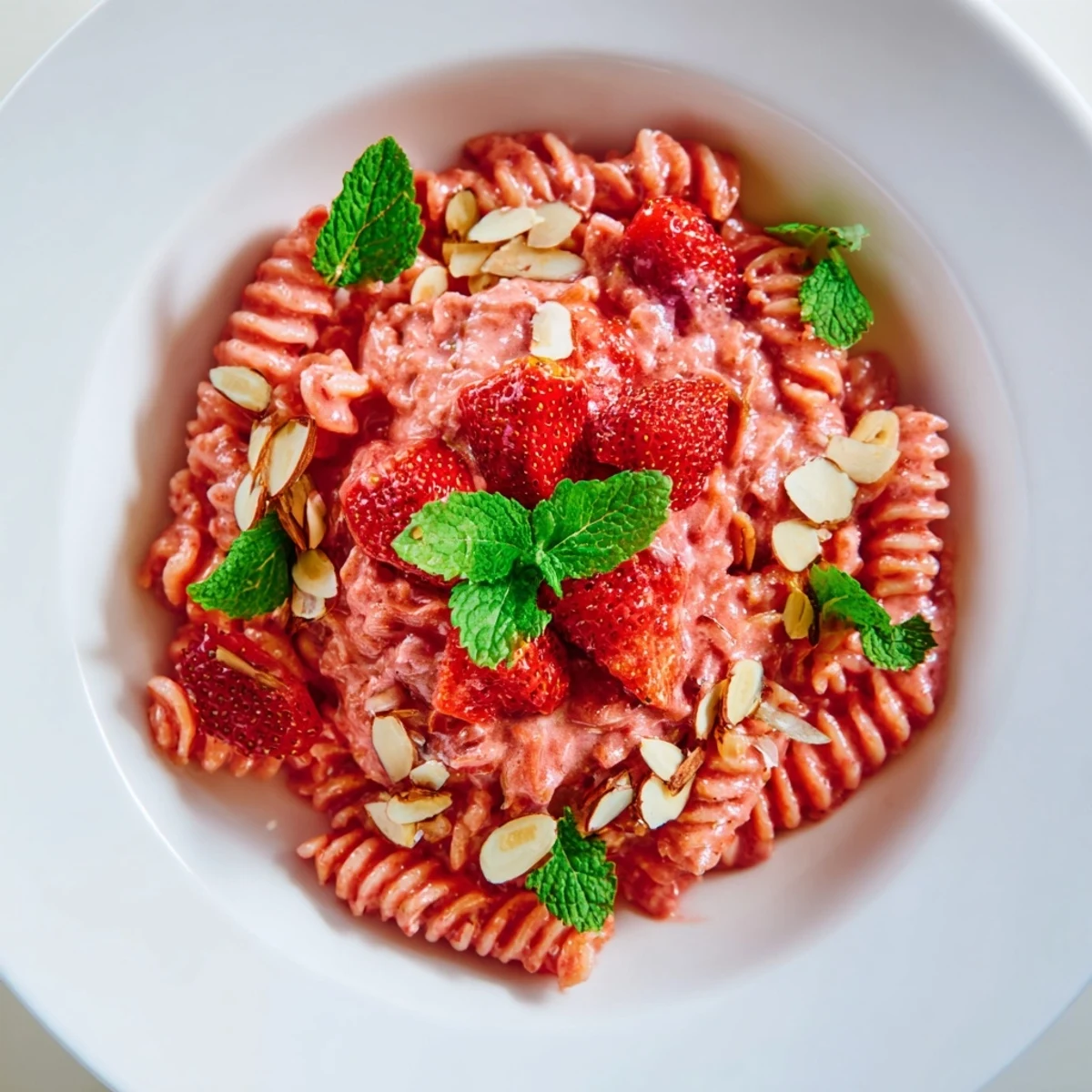 See the colorful Sweet Strawberry Yogurt Pasta, a perfect dessert, topped with fresh strawberries and almonds.