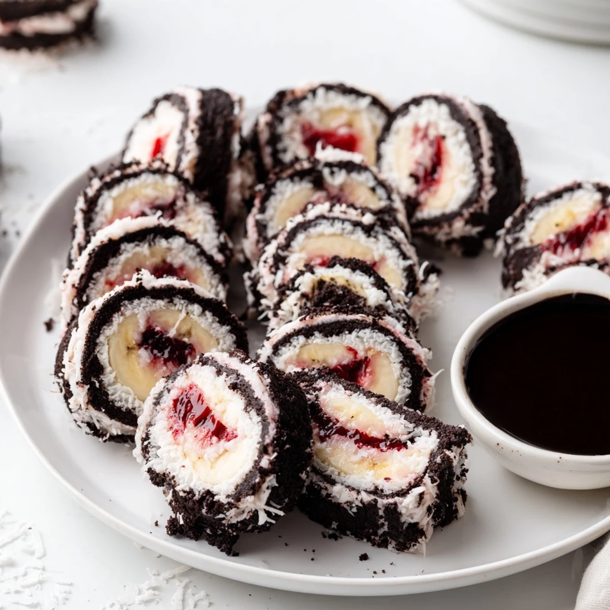 Vibrant Oreo Cookie Sushi Rolls with a rich chocolate soy dip, a fun dessert.