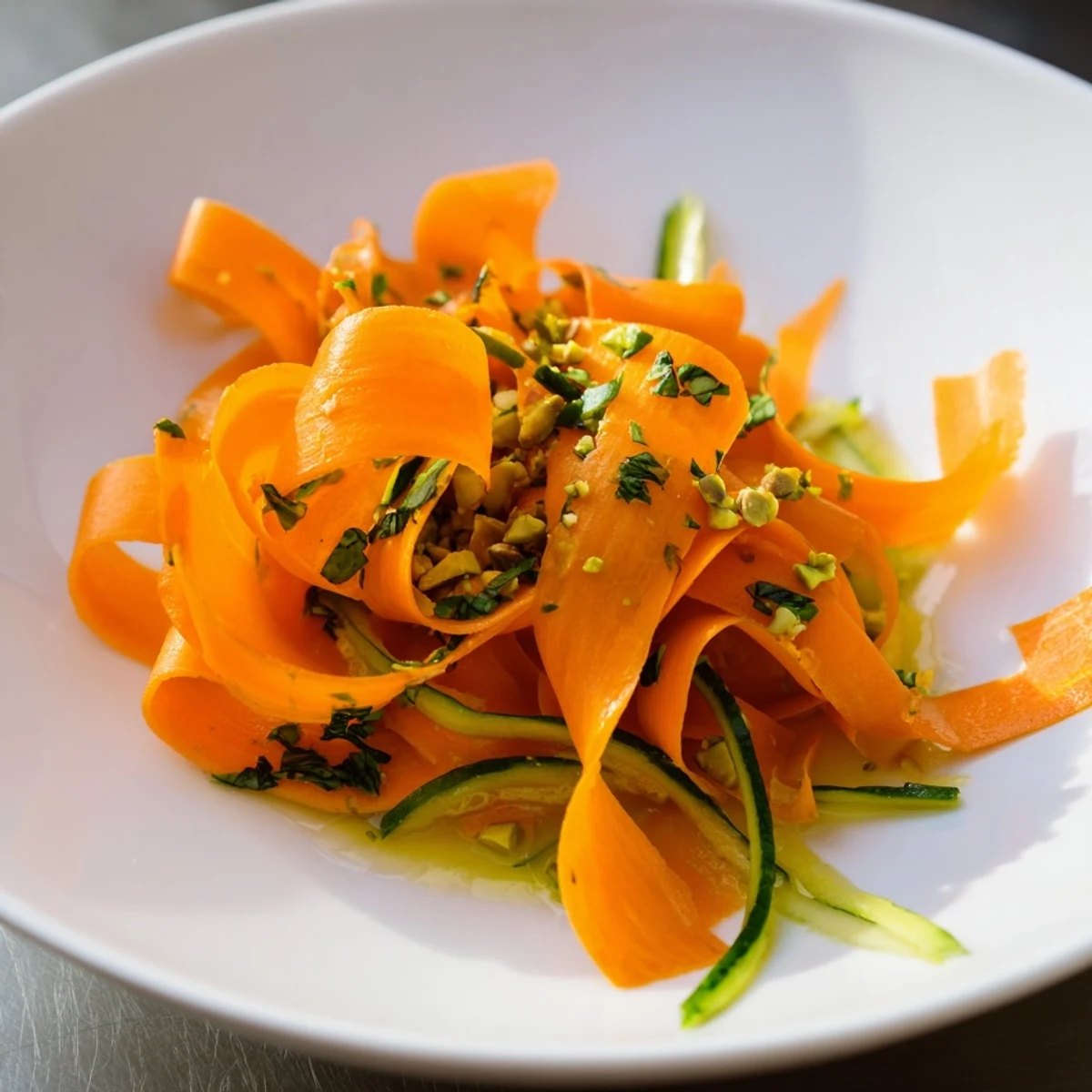 Vibrant Citrus Carrot Ribbon Salad, featuring colorful carrot ribbons, herbs, and citrus dressing.