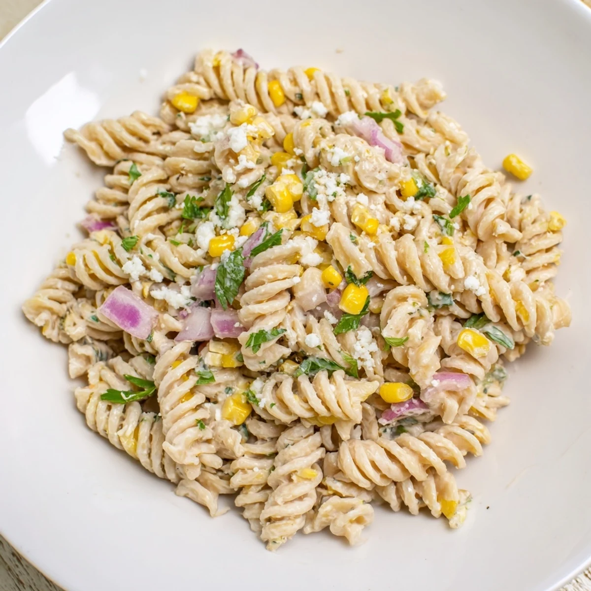 Creamy Street Corn Pasta Salad with charred corn kernels and a sprinkle of cotija cheese, ready to serve.