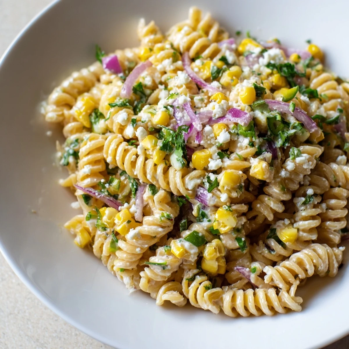 Enjoy a spoonful of flavorful Creamy Street Corn Pasta Salad, a perfect vegetarian meal.