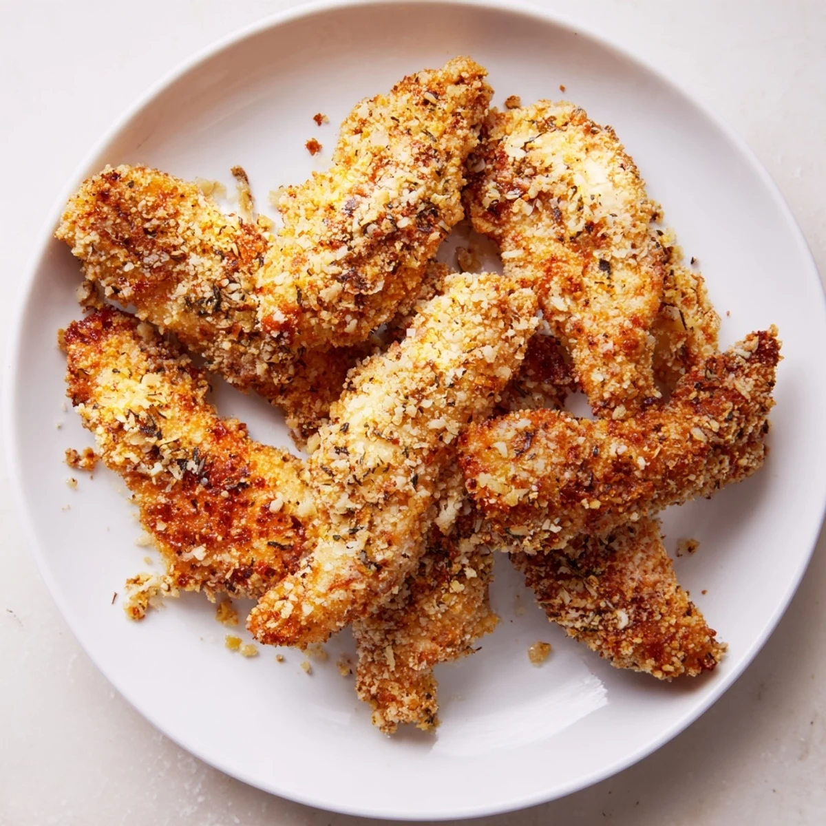 Golden-brown crispy air-fried chicken tenders ready to serve with a creamy dipping sauce.