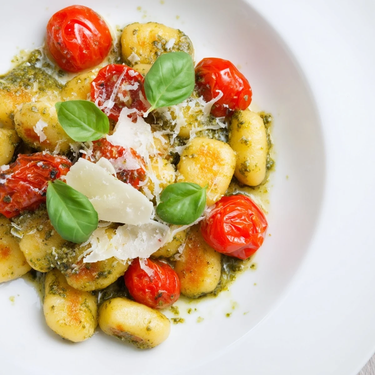 Golden, crispy gnocchi with pesto, cherry tomatoes, and Parmesan promise a delicious vegetarian meal.