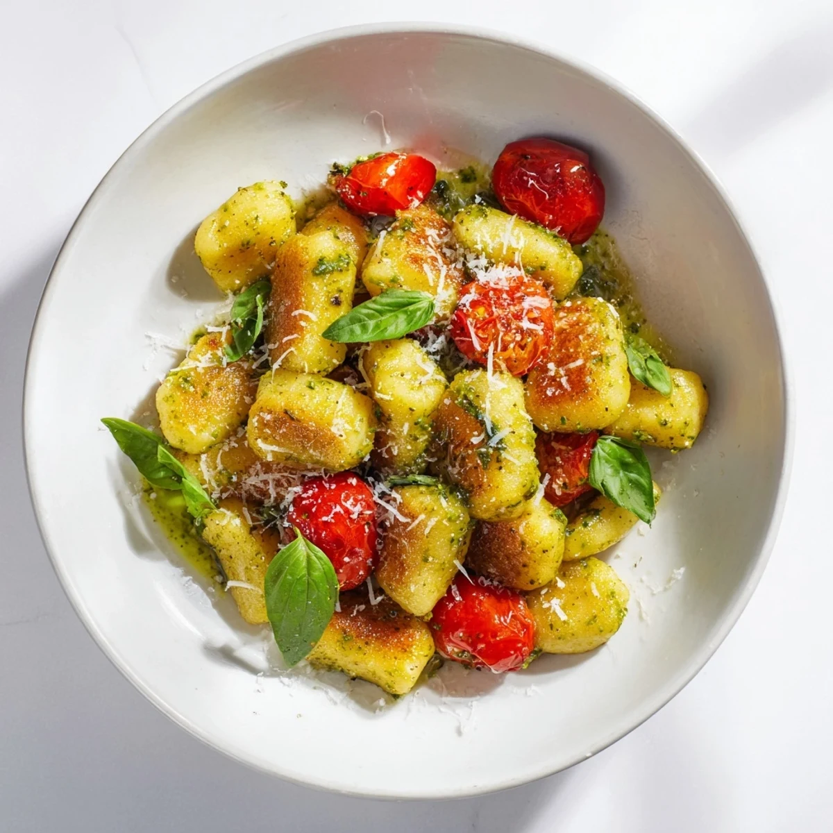 A close-up of crispy gnocchi with vibrant green pesto, ready to serve with extra Parmesan.
