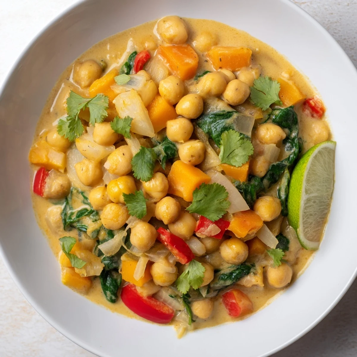 Golden Chickpea Curry One-Pot, a fragrant vegan dish, bubbling with vegetables and spices, ready to enjoy.
