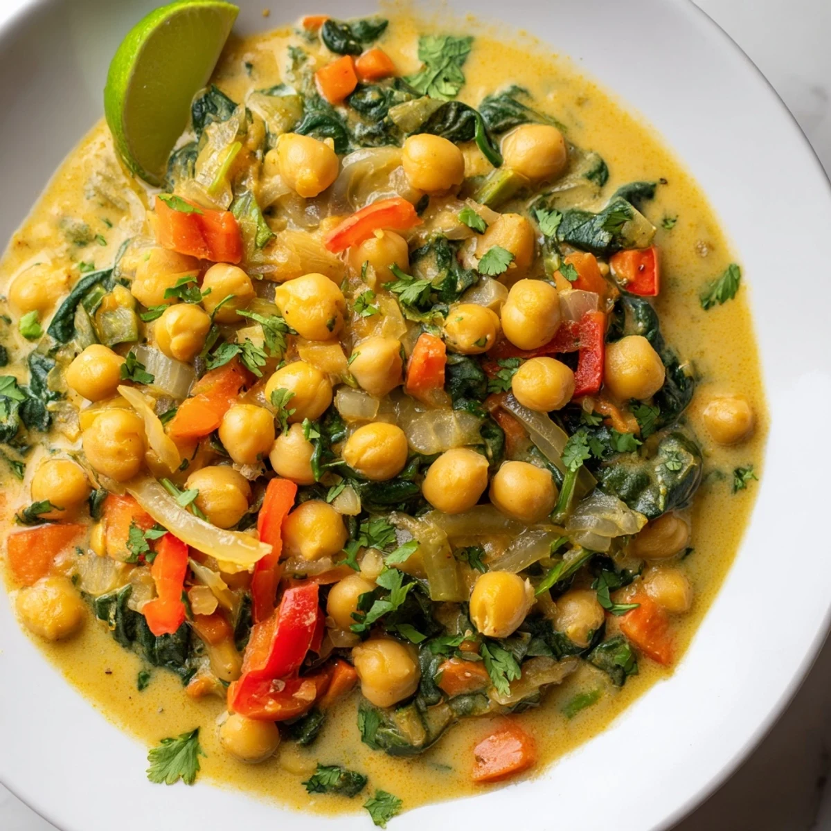 Creamy Chickpea Curry One-Pot, garnished with fresh cilantro, offering a flavorful and balanced, one-dish meal.