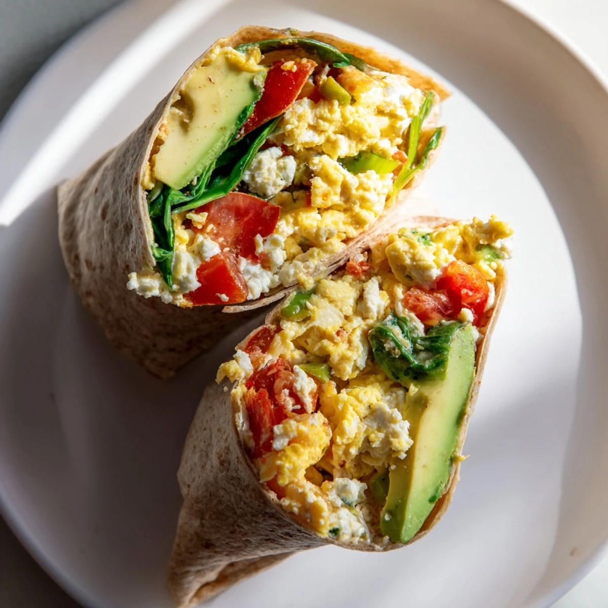 Fluffy feta egg wrap with fresh spinach and tomatoes, ready to enjoy for breakfast.