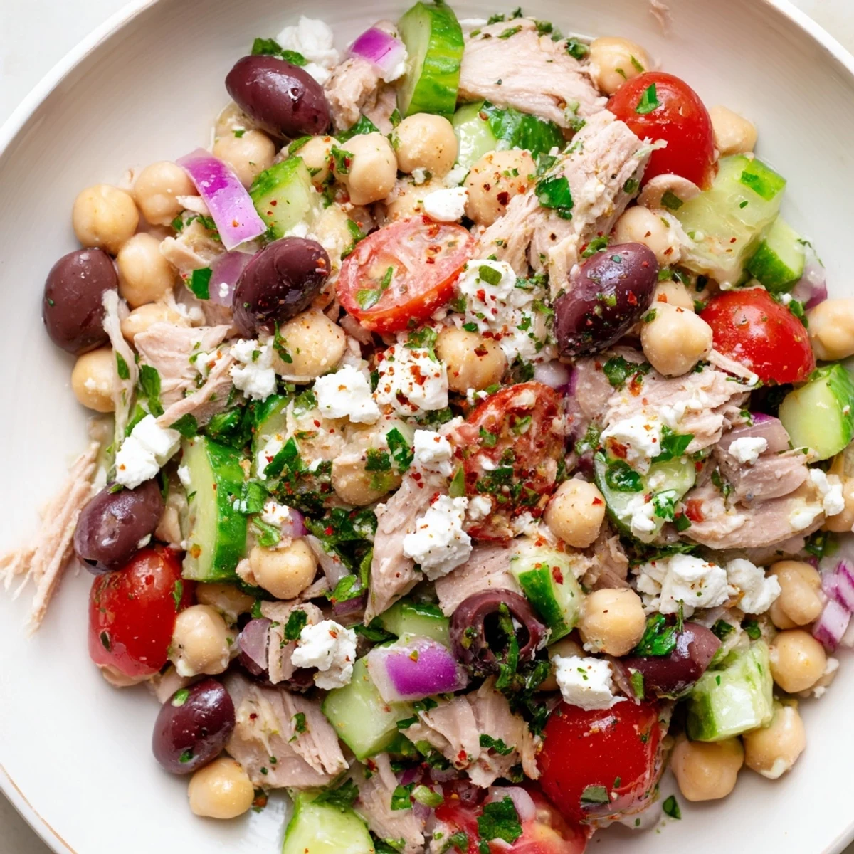 A close-up of delicious Tuna Chickpea Salad, showcasing its colorful mix of protein and veggies.